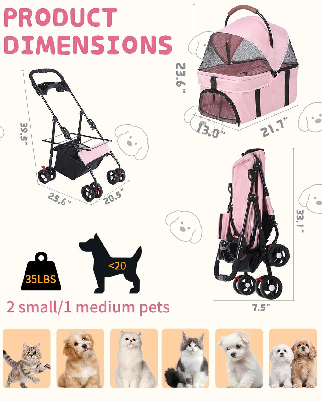 Pet Stroller, 3 in1 Foldable Dog Cat Stroller with Detachable Carrier-35lbs