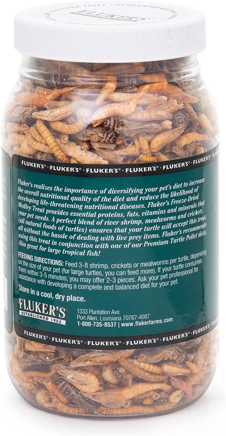 Fluker's Aquatic Turtle Food, Vitamin, Enriched Medley Treats of Freeze, Dried River Shrimp, Mealworms, and Crickets, 2.9 oz