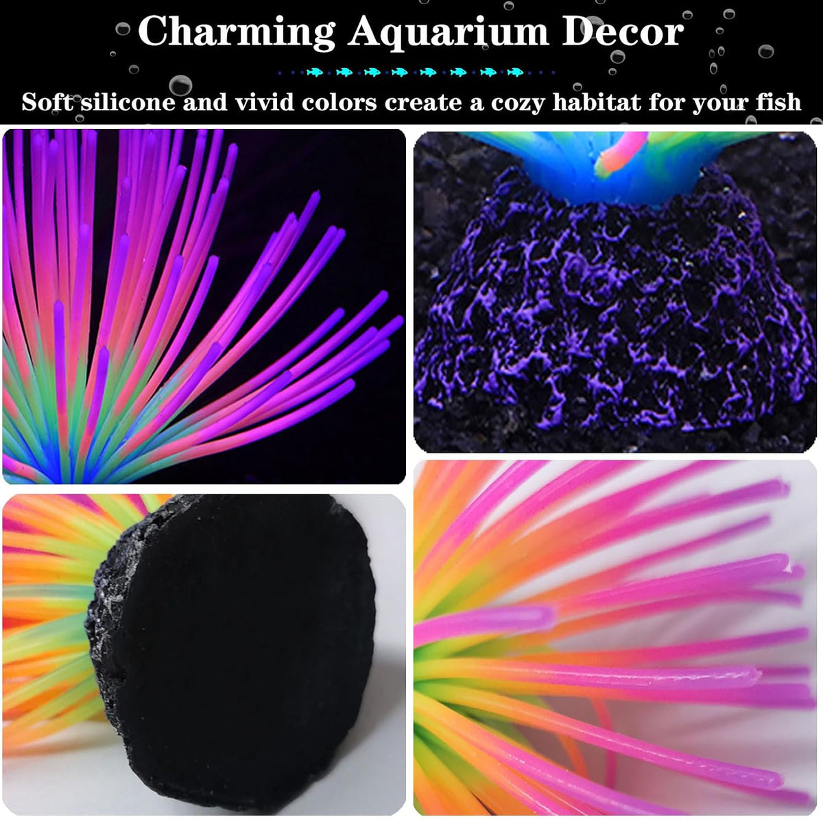 2pcs Silicone Glowing Effect Aquarium Fish Tank Decorations, Artificial Soft Anemone Coral Plants Ornaments for Aquarium Decor Landscape, Glow in Dark Fish Tank Accessories Decorations(Pink)
