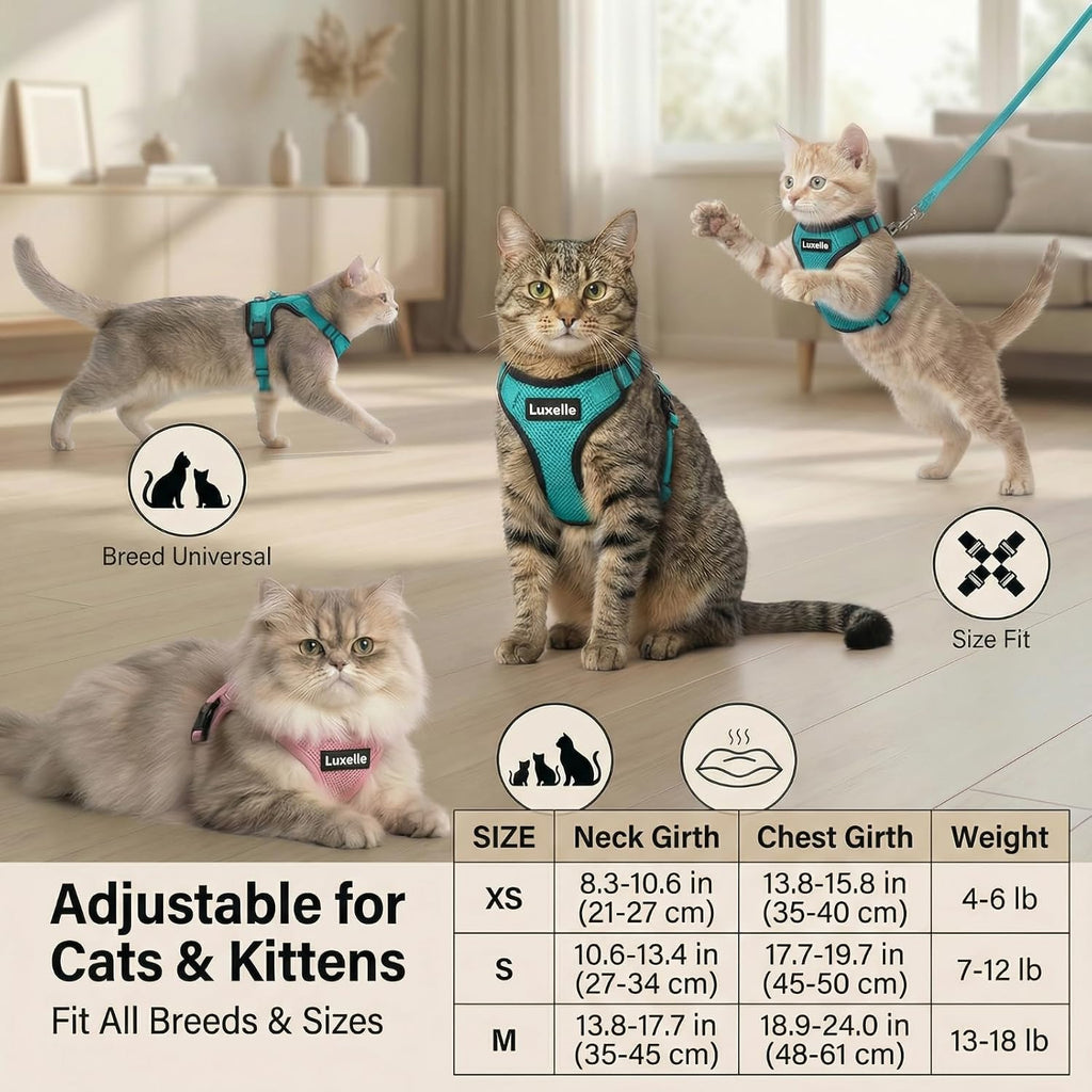 Luxelle 2 Pack Escape-Proof Cat Harness and Leash Set for Walking – Adjustable No Pull Soft Vest with Easy-Wear Buckle, Reflective Straps, Breathable Mesh – Outdoor Travel Harness for Cats & Kittens