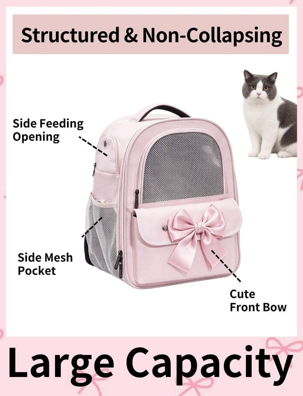 Cat Backpack Carrier for Cats and Small Dogs, Cute Puppy Backpack with Bow
