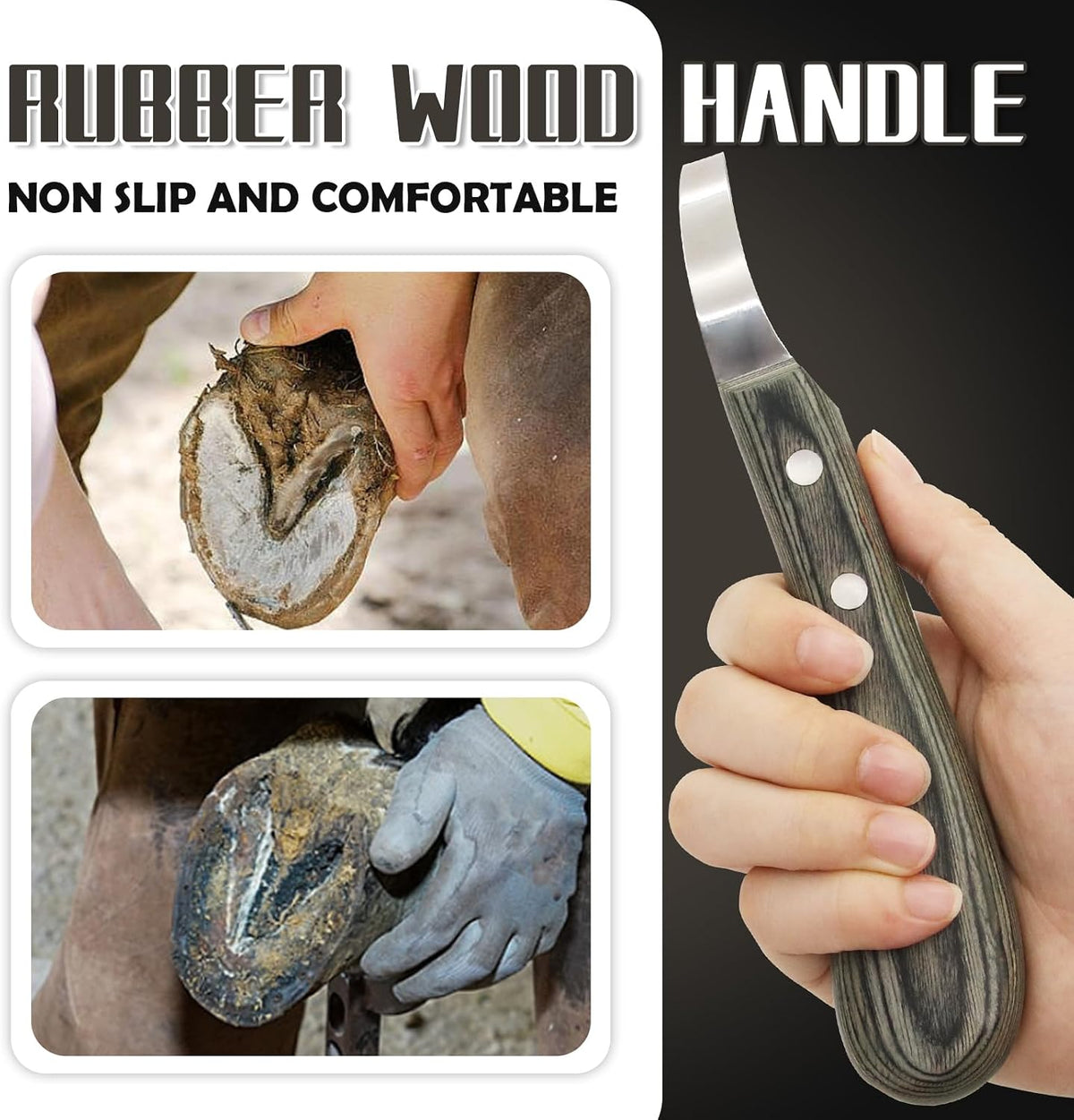 Hoof Knife Double Edged Hoof Trimming Knife with Wooden Handle，Stainless Steel Loop Blade Multipurpose Hoof Trimming Knife for Livestock,for Cutting Horses Donkeys Cows Hooves (Black Stripe)