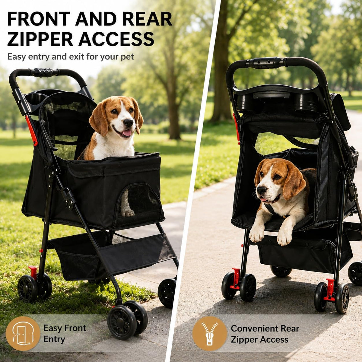 Dog Stroller, Pet Stroller with 4 Wheels, Foldable Dog Strollers for Small Medium Dogs & Cats, Cat Stroller with Storage Basket, Breathable Mesh, 360° Wheels & Rear Brakes Black