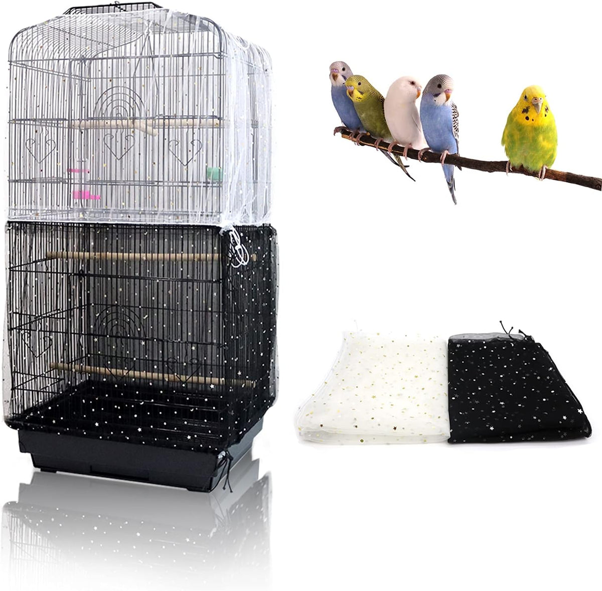 Daoeny 2Pcs Adjustable Bird Cage Cover, Upgraded Airy Nylon Mesh Parrot Net with Sequins, Universal Seed Feather Catcher, Soft Birdcage Cover Skirt Sheer Guard for Parakeet Macaw Round Square Cages
