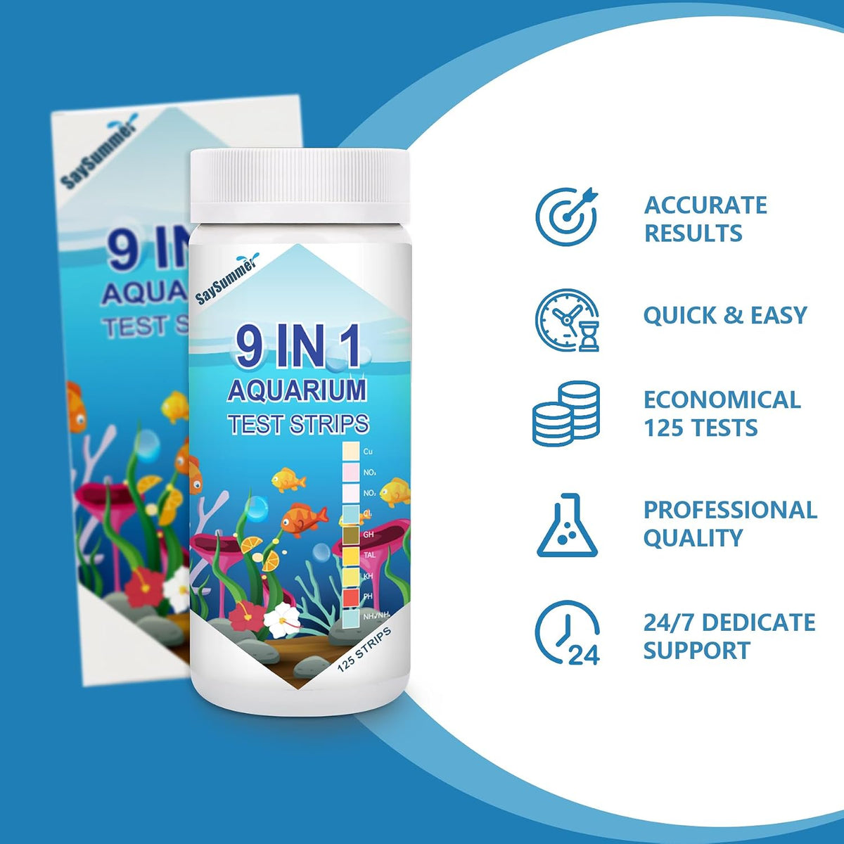 Aquarium Test Strips for Fish Tank: 9 in 1 Aquarium Ammonia Test Strips for Fish Tank - 125 Counts Aquarium Water Test Kit Testing Ammonia Nitrogen, Copper, pH and More