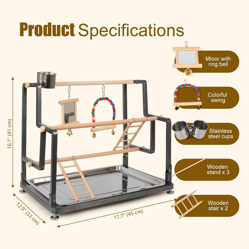 Bird Playground for Indoor Use, Table Collapsible Bird Playstand for Top of Cage, Mirrow Swing Cups 2 Ladders for Small to Medium Size of Cockatiel Parakeet Conure (Wood Ladder)