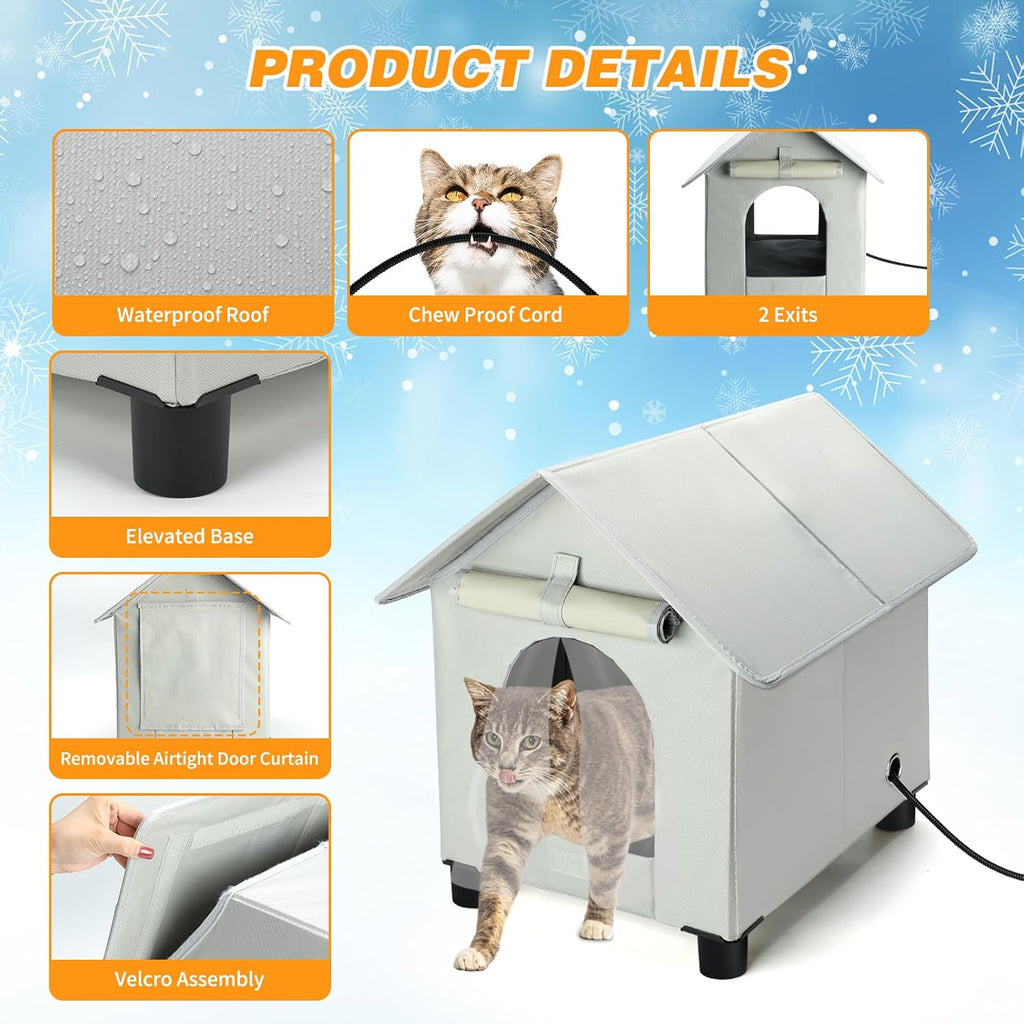 Heated Cat Houses in Winter Waterproof, Elevated Heated Outdoor Cat House Insulated Outside Feral Cat House Shelter with Escape Door for Cats or Small Dogs (Grey, Small (13.4"x16.9"x18.5"))
