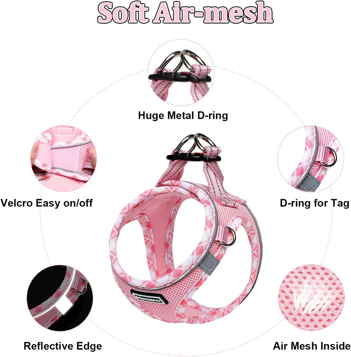 Mercano Soft Mesh Dog Harness and Leash Set, Step-in Reflective Breathable Lightweight Vest Harnesses with Safety Buckle for Small Dogs, Cats (Pink, XXS)