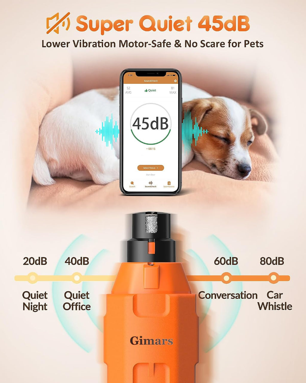 Gimars Upgrade Super Quiet Adjustable 6 Speed Powerful 12000rpm Allow All Controll Dog Nail Grinder 45 db Dual LED Light Pet Nail Grinder USB Rechargeable 3 Ports Nail File for Large Medium Small Dog