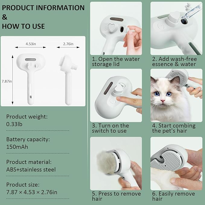 3 In 1 Self Cleaning Steamy Pet Brush, Pets Spray Hair Removal Comb - Image 8