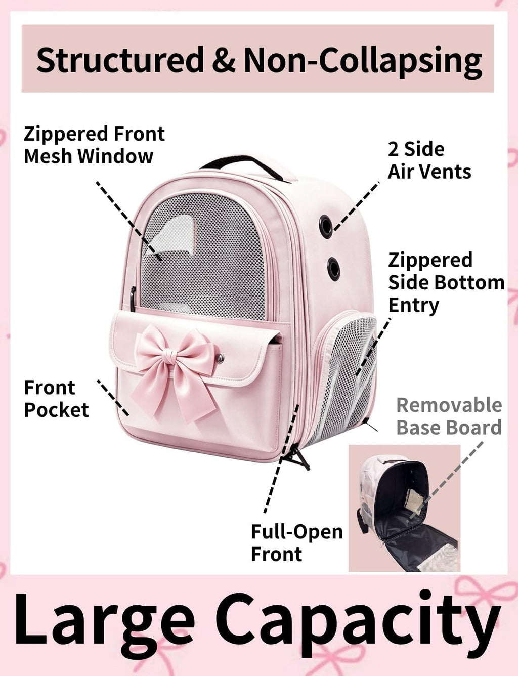 Cat Backpack Carrier for Cats and Small Dogs, Cute Puppy Backpack with Bow