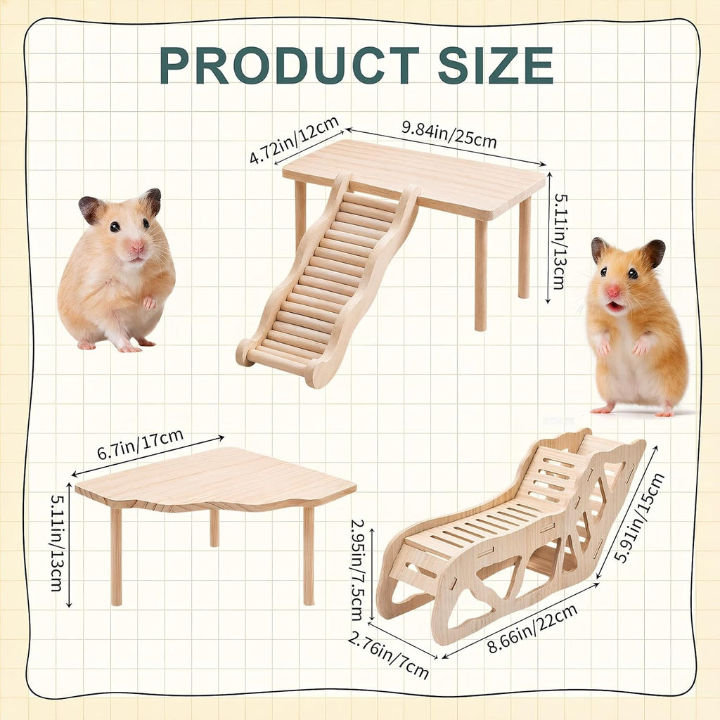 4-Piece Wooden Hamster Platform Set, Versatile Hideout & Exploration Tunnel with Ladder, Cage Decor for Syrian Dwarf Hamsters, Gerbils, Mice (4, Set 2)
