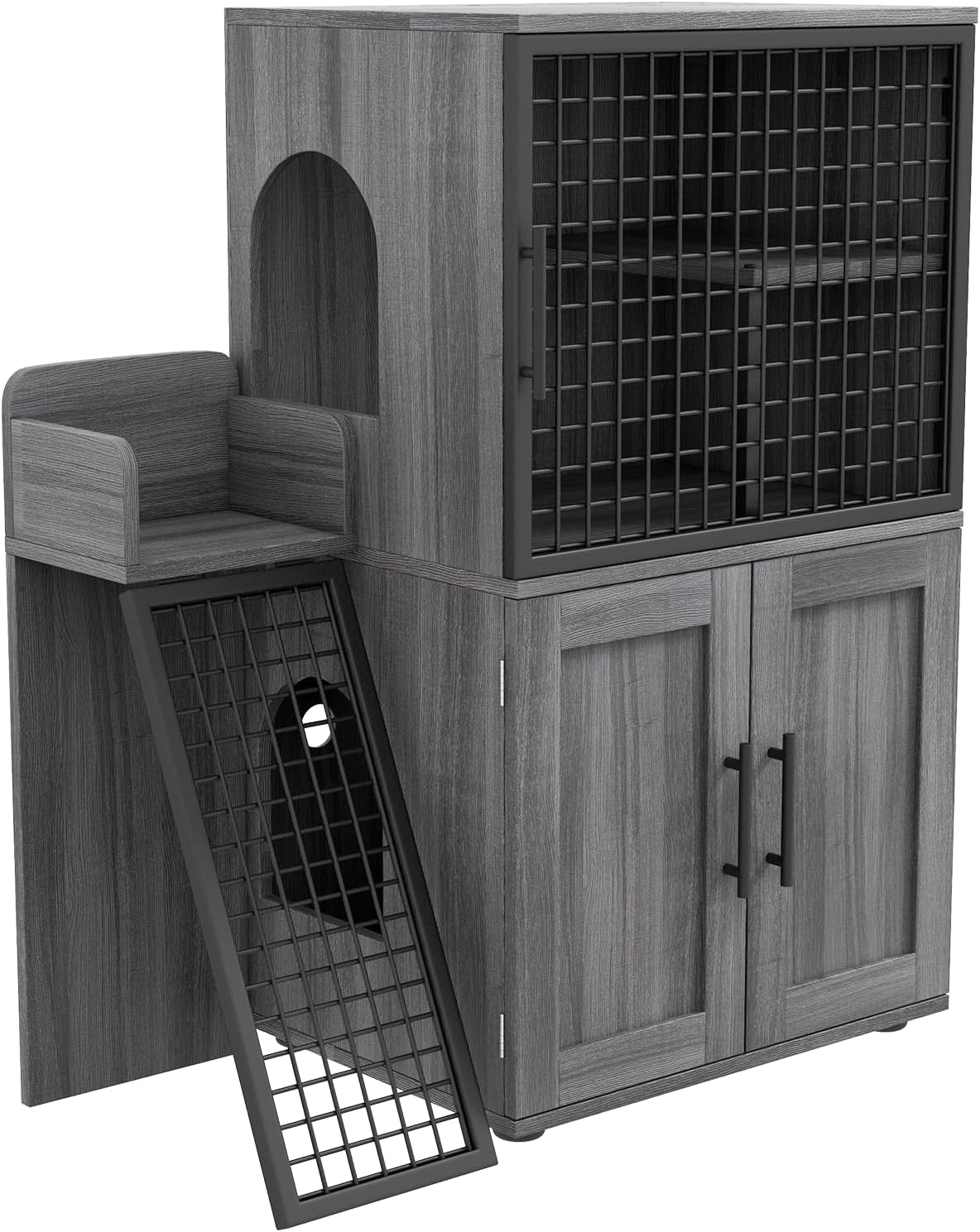 Double-Tier Cat Litter Box Enclosure with Ladder, Hidden Litter Box Furniture Cabinet, Multi-Level Cat House with Entertainment Platform for Large Litter Boxes, Living Roo – Wax Wood Color