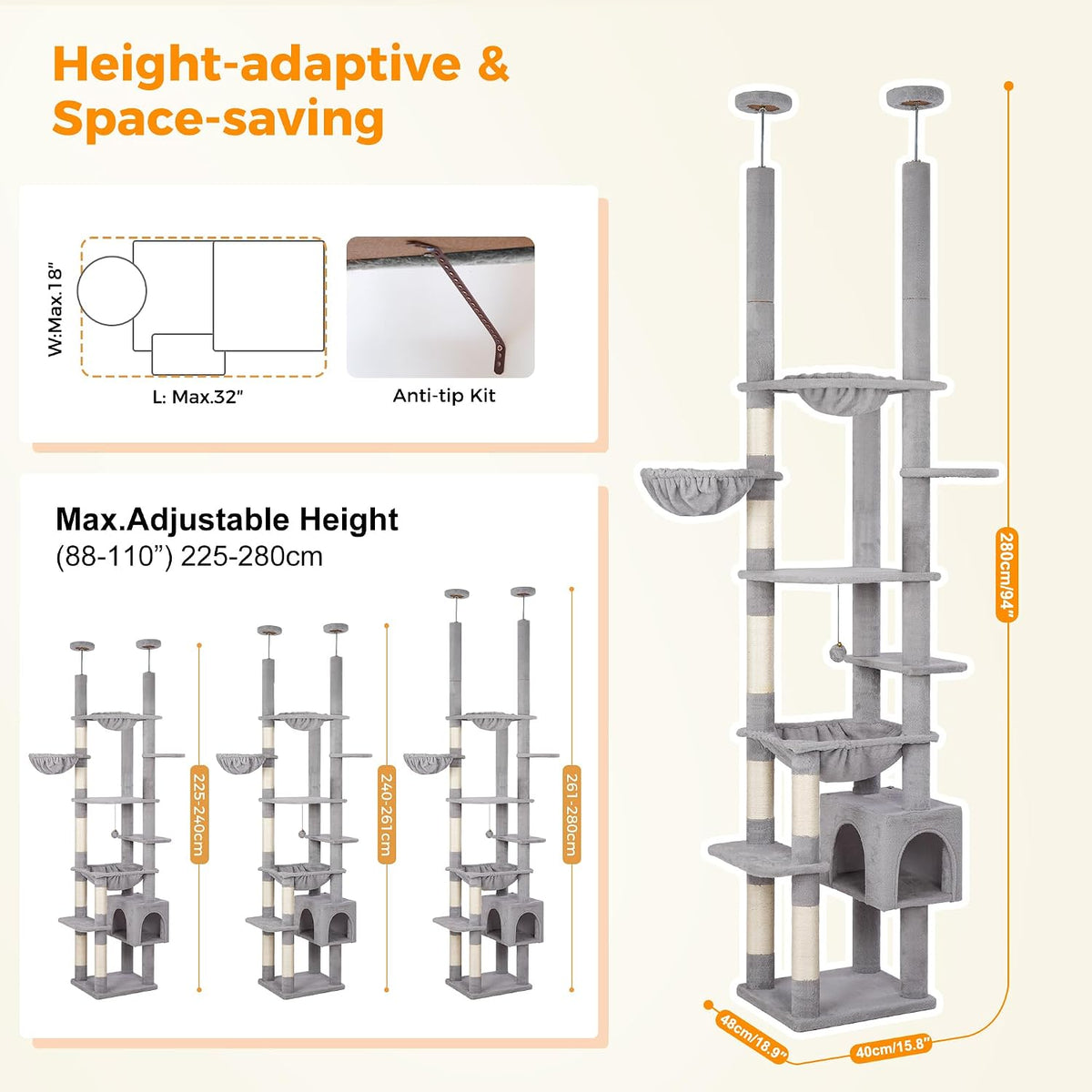 Floor to Ceiling Cat Tree Dual Posts, Adjustable Height 88.9-109"