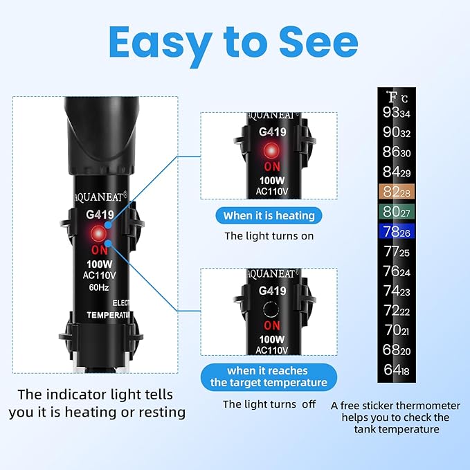 AQUANEAT Aquarium Heater, 100W Fish Tank Heater, Adjustable Submersible Water - Image 7