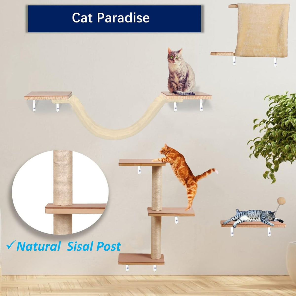 Cat Shelves for Wall, Solid Wood Cat Wall Furniture, with Cat's House, Bed, Hammock, Sisal Scratching Post Ladder (Beige)