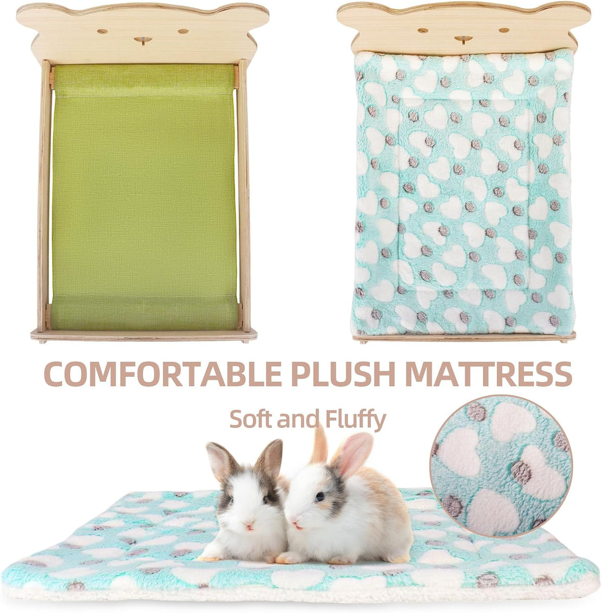 Wooden Bunny Bed with Soft Mat, Cute Pet Bed for Rabbits, Cats, Guinea Pigs Puppy Hamster Small Animal Sleeping, Cozy Warm 19.5"x 15.5" Suitable for Pets Under 20 lbs