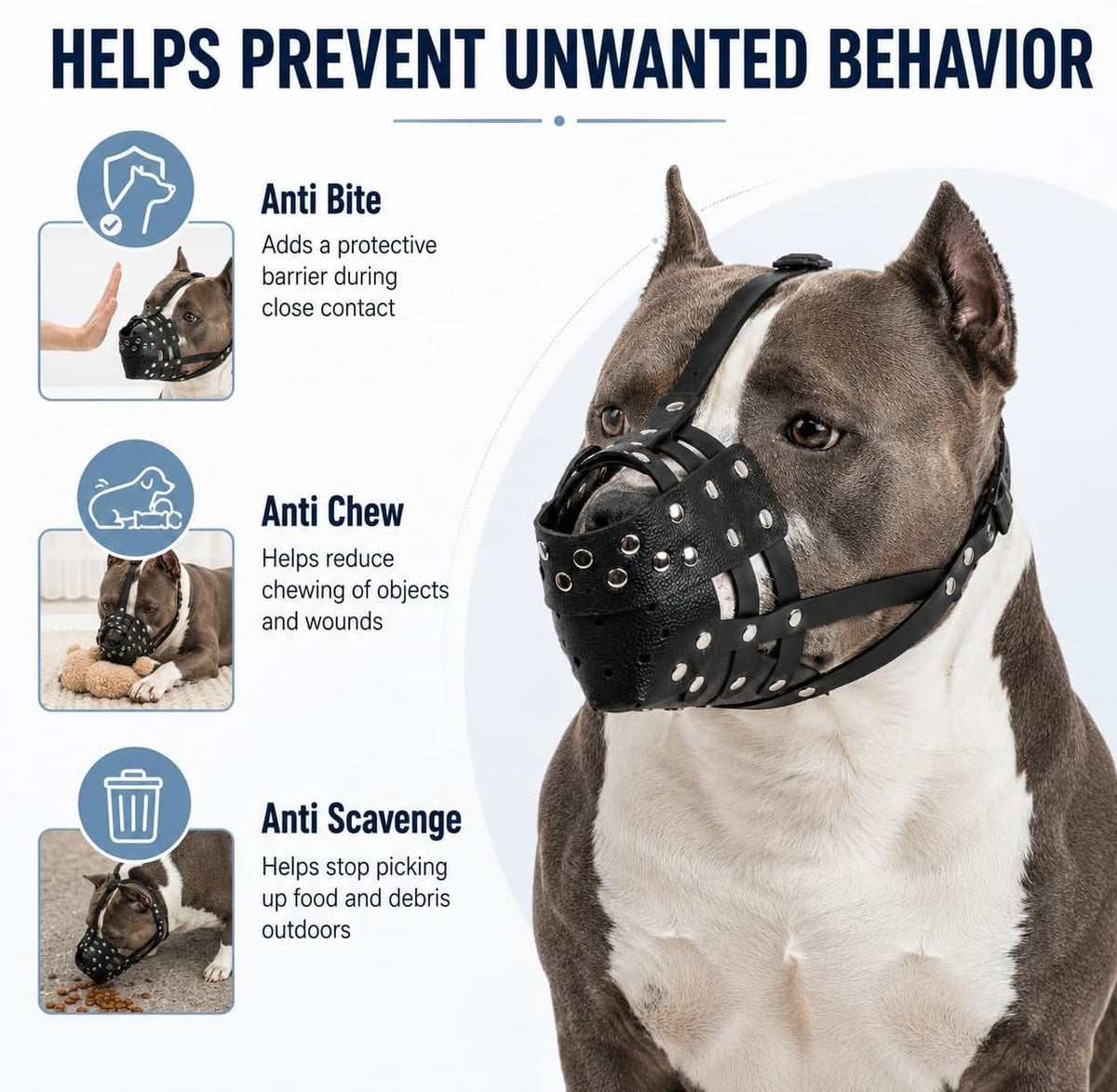 Pitbull Muzzle for Large Dogs, Sturdy Leather Muzzle Anti Biting Scavenging