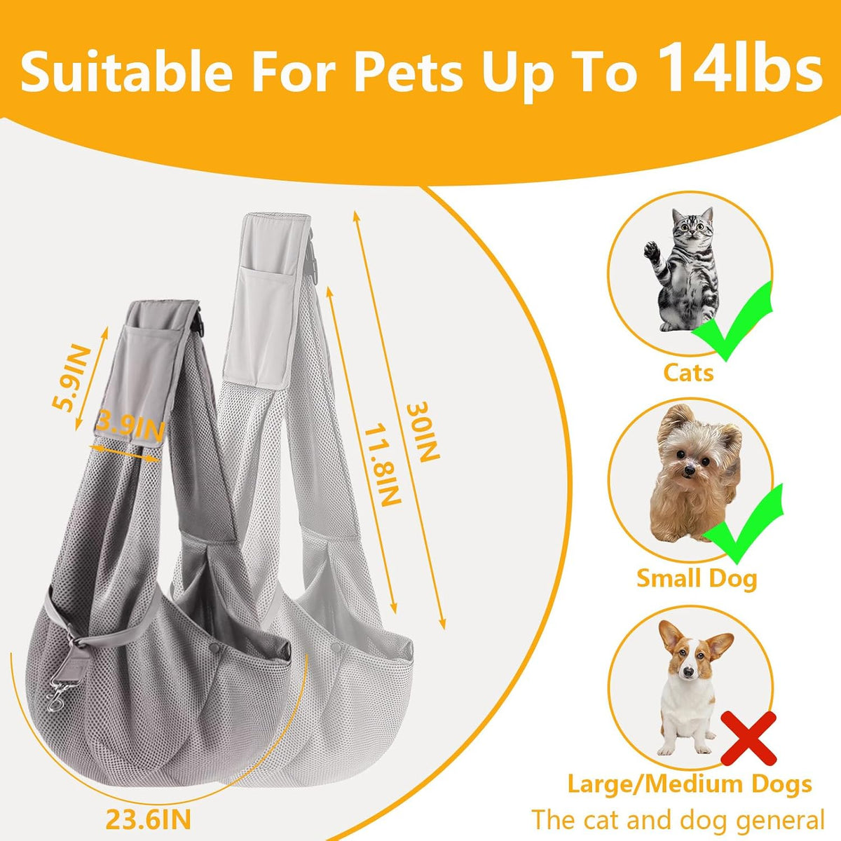 Dog Sling Adjustable Breathable for Small Dogs Cats 3-14 lbs,Grey