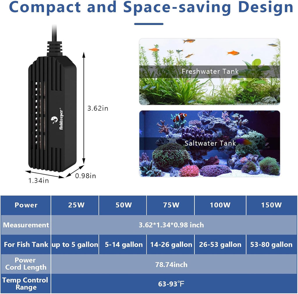 fishkeeper Mini Aquarium Heater: 50W 63-93°F Precise Control for 5-14 Gal