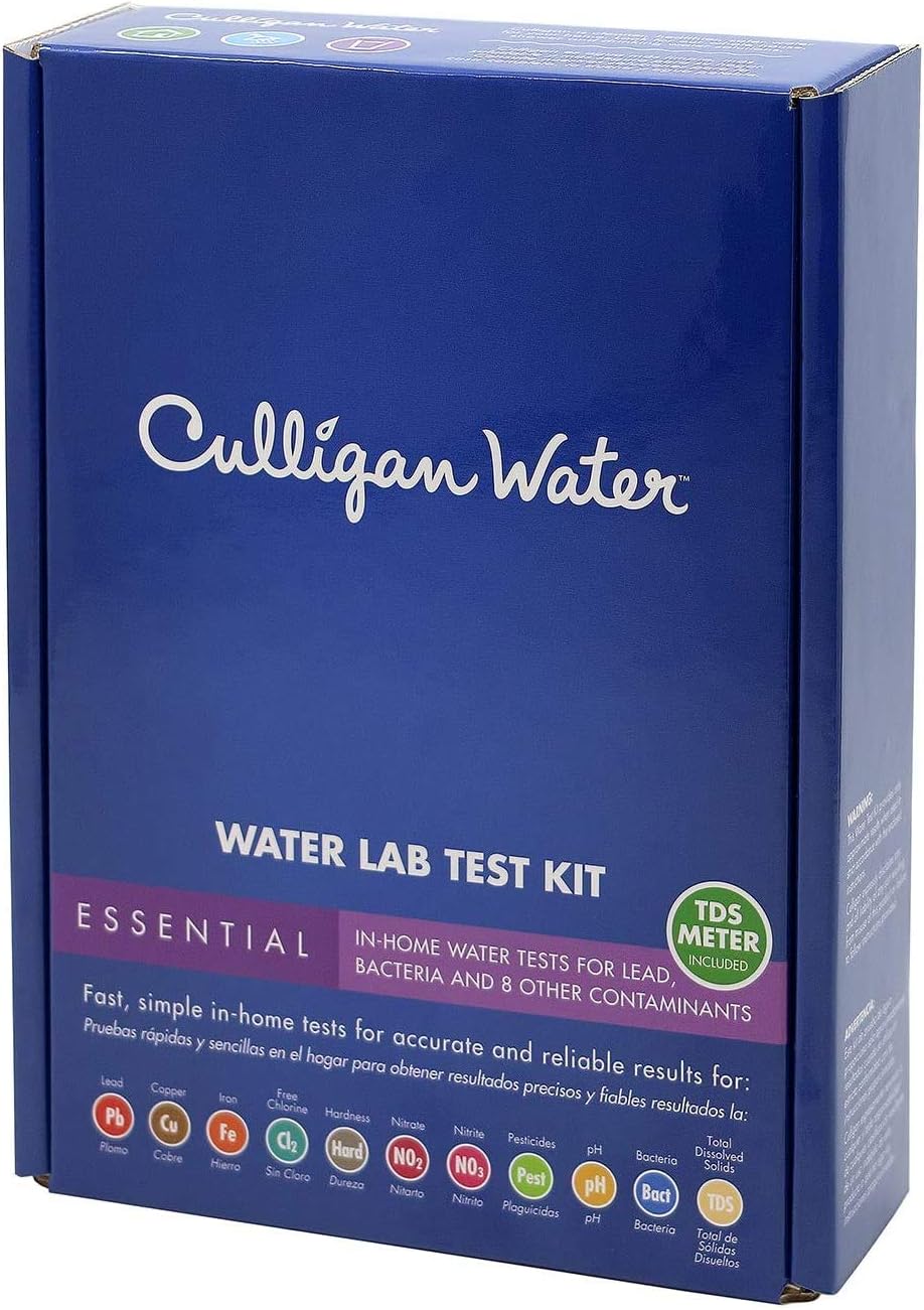 Culligan Essential Water Lab Test Kit – Comprehensive Home Water Testing for Lead, Bacteria, Nitrates, pH, Hardness, Chlorine, Copper, Iron & More – Includes TDS Meter – Ideal for Tap & Well Water