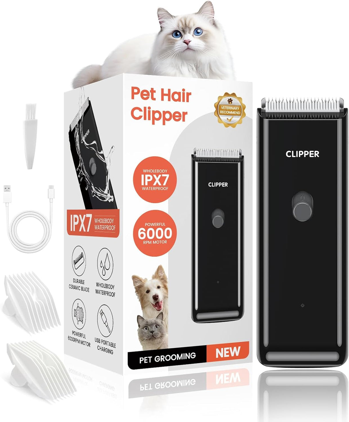 Upgrade Home Professional Dog Grooming Kit Clipper for Matted & Long Hair, Cordless Pet Shaver Low Noise USB Rechargeable for Cats, Small&Medium Dogs, Handy Pet Hair Grooming Trimmer, Black