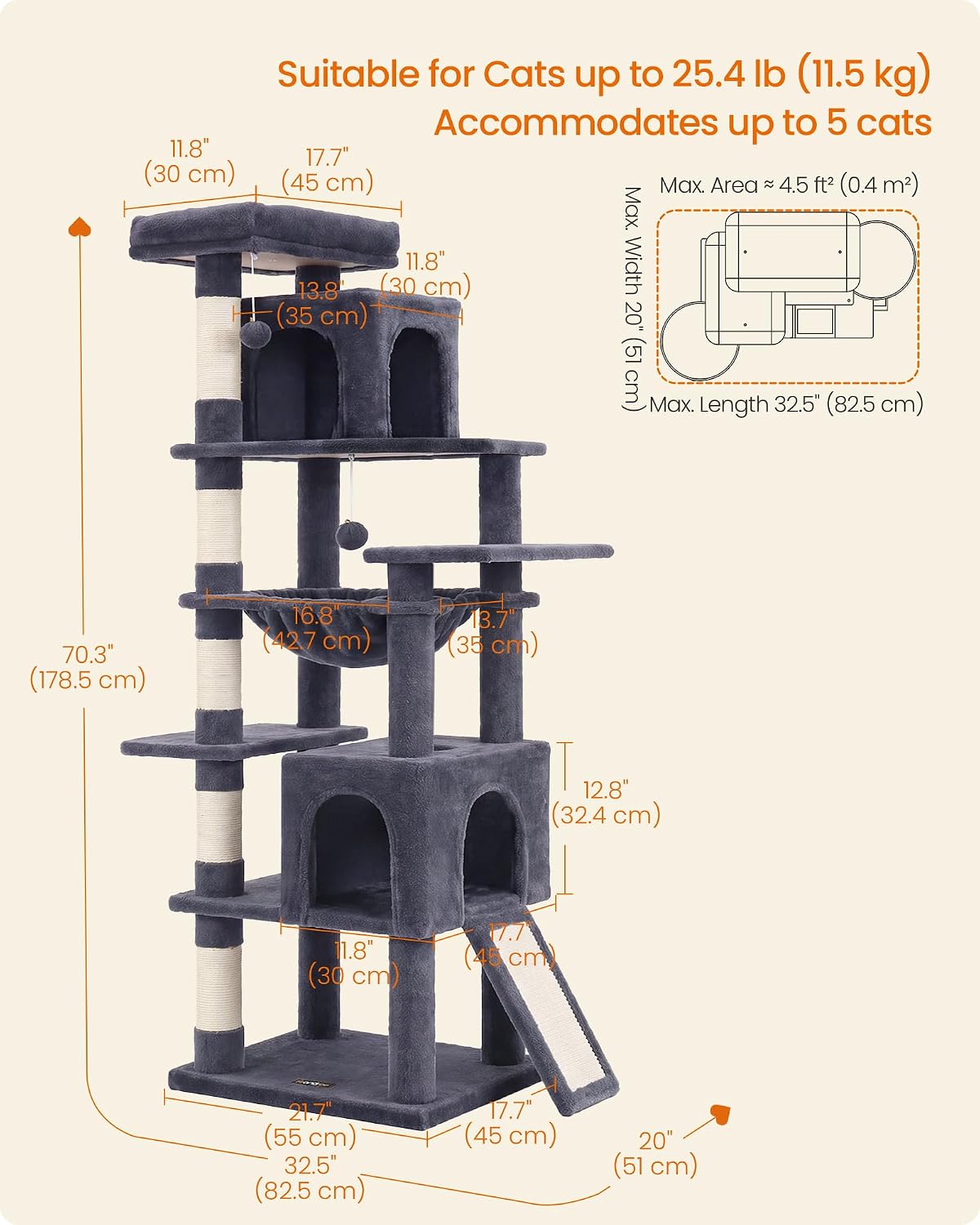 Feandrea Cat Tree, 70.3" Heavy Duty Cat Tower Condo for Indoors, Dark Gray