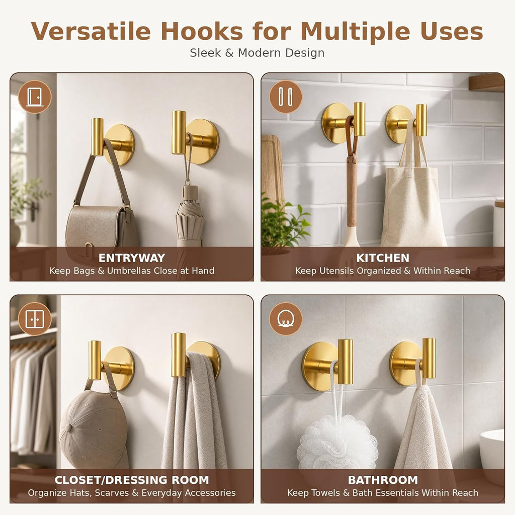 Gold Stainless Steel Wall Hooks, Heavy Duty Self-Adhesive Hooks for Coats, Towels, Robes, Hats, Aprons – No Drill Bathroom, Kitchen, Hotel (4 Pack)