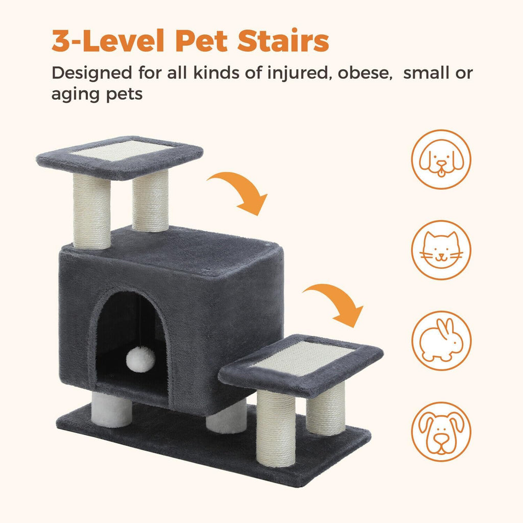 3-in-1 Cat Stairs with Scratching Post & Condo, Pet Steps, Dark Grey