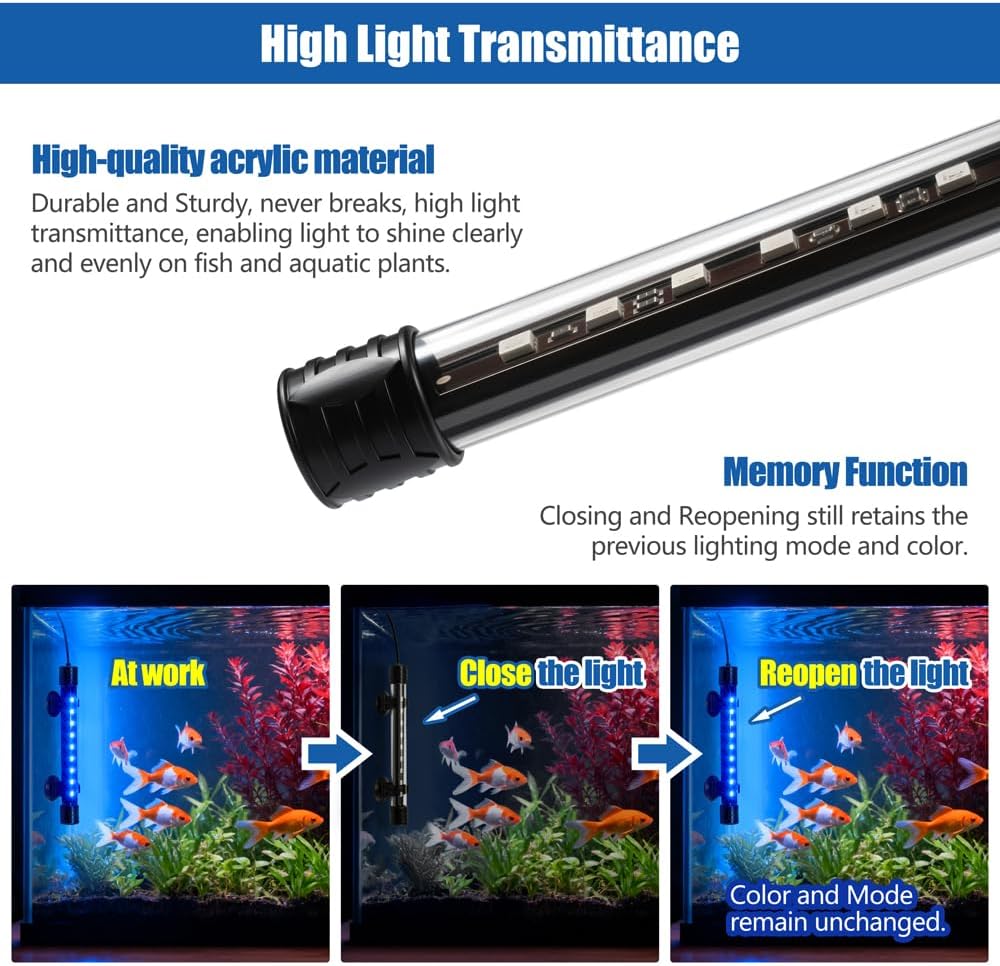 LED Aquarium Light with IP68 Waterproof and Memory Function Submersible Fish Tank Light with Remote and 16 Colors 15 Inches Brightness Adjustable Underwater Light Bar for Fish Tank Aquarium