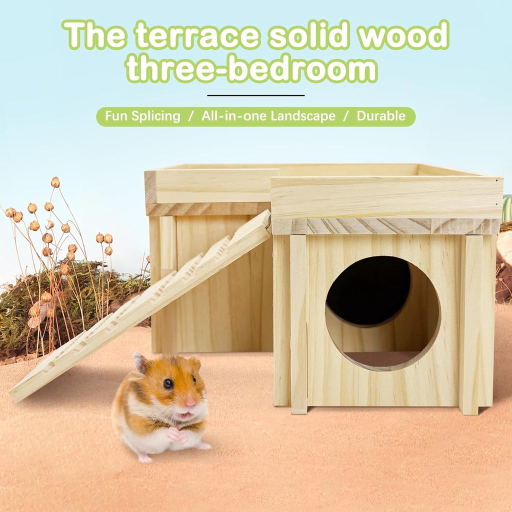 BNOSDM Wooden Hamster Hideout Set Multi Chamber Cage Accessories and Ladder