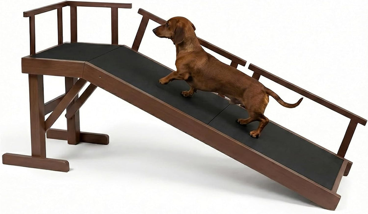 61" Dog Ramp for Bed with Rest Platform & Glow Strips, 20° Gentle Slope, EVA Non-Slip Surface, Removable Safety Rails, Birchwood Solid Wood, for Small, Large & Senior Dogs, Joint Protection, Brown