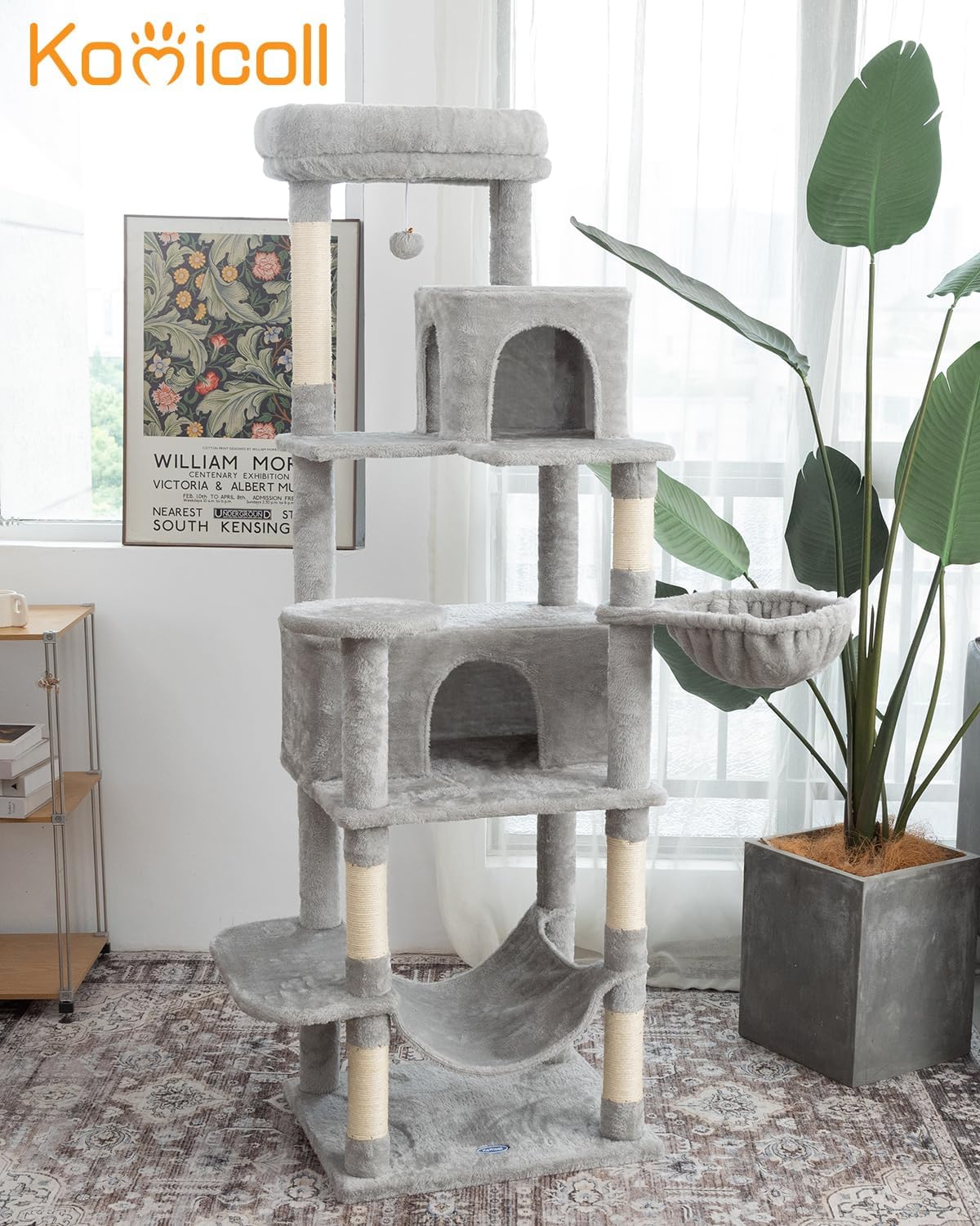 Multi-Level Cat Tree,69 Inches Tall Cat Tower with 2 Plush Condos,Hammock and Plush Perch, Scratching Posts and Pompoms,Gray Cat House for Indoor Cats