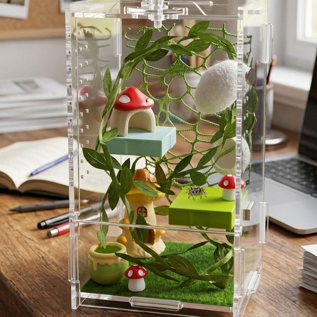 Jumping Spider Enclosure Kit, Acrylic Terrarium with Habitat Decor