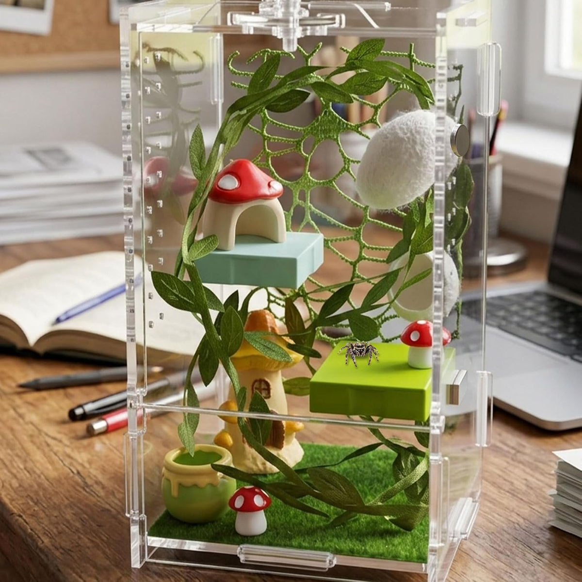 Jumping Spider Enclosure Kit, Acrylic Terrarium with Habitat Decor