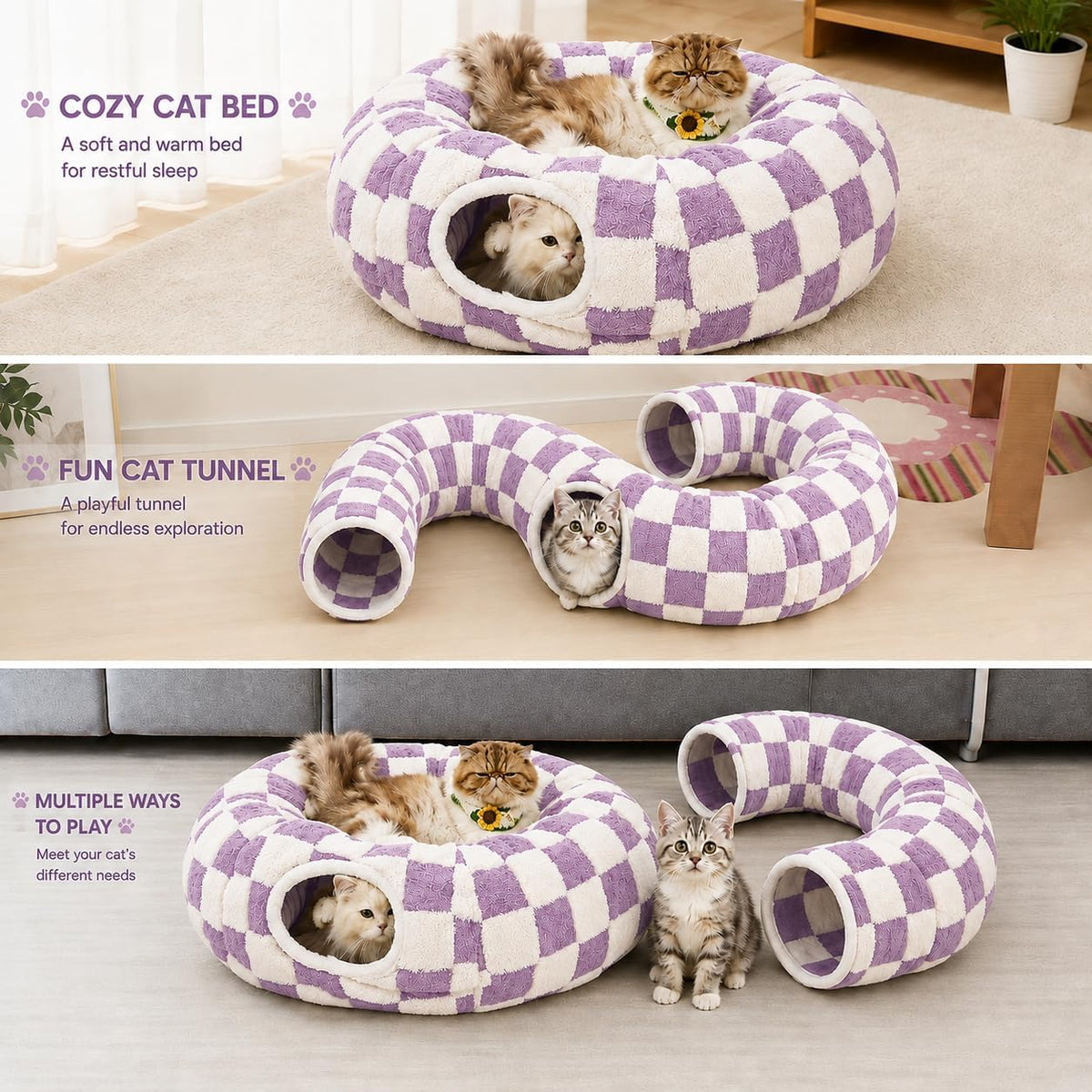 Cat Tunnel Bed with Washable Cushion for Indoor Cat, Donut Cave Tube Toys for Kitten Puppy Rabbit, Purple