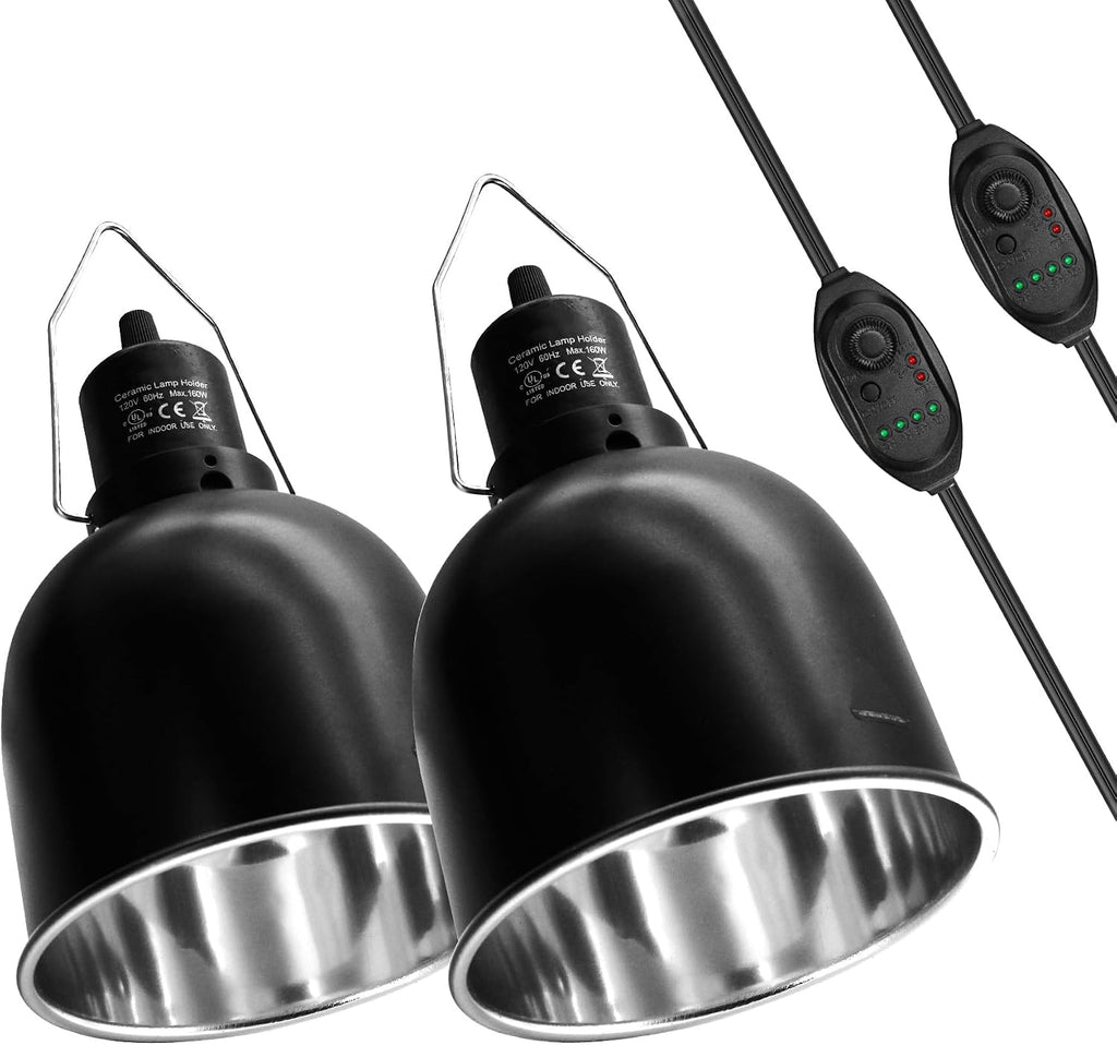 MECESOR Reptile Light Fixture with Dimming Switch and Timer, 5.5 Inch Deep Dome Reptile Heat Lamp Fixture, Reptile Lamp Fixture Cap for UVB Bulb Basking Heat Bulb for Reptile Glass Terrariums, 2PCS