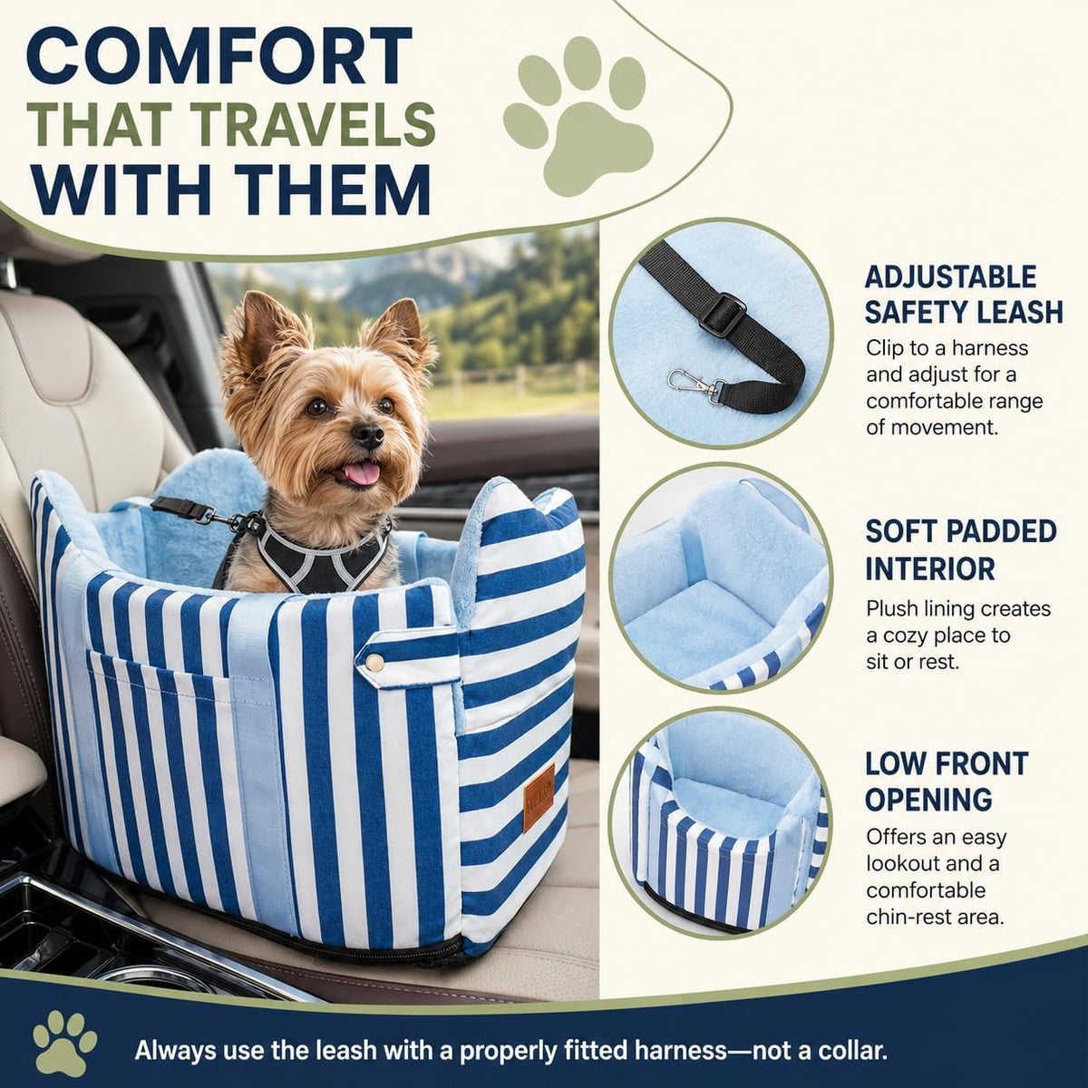 Console Dog Car Seat for Small Dogs to 15lbs (Blue& White Stripes)