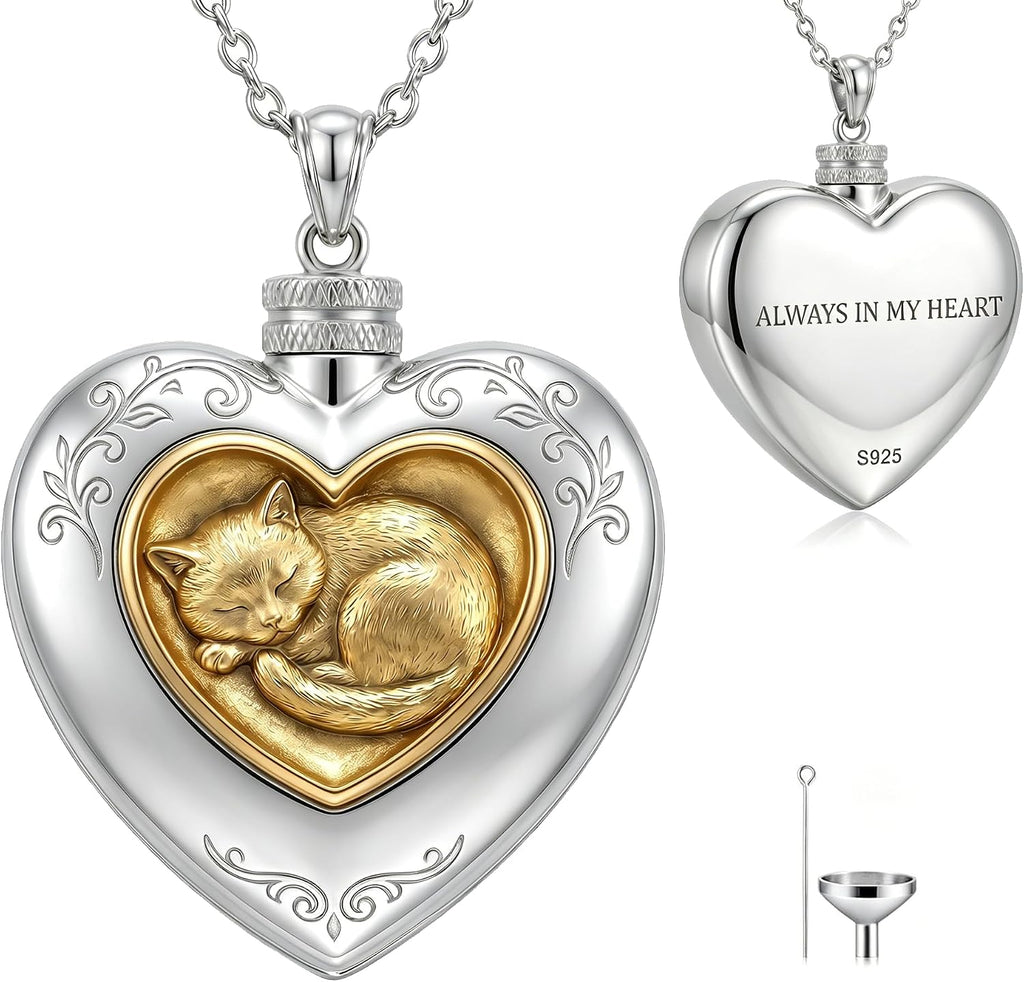 Cat/Dog Cremation Urn Necklace 925 Sterling Silver Two-Tone Heart Pet Urn Necklace Ashes Keepsake Memorial Urn Necklaces for Ashes Adjustable 16+3 Inch with Funnel