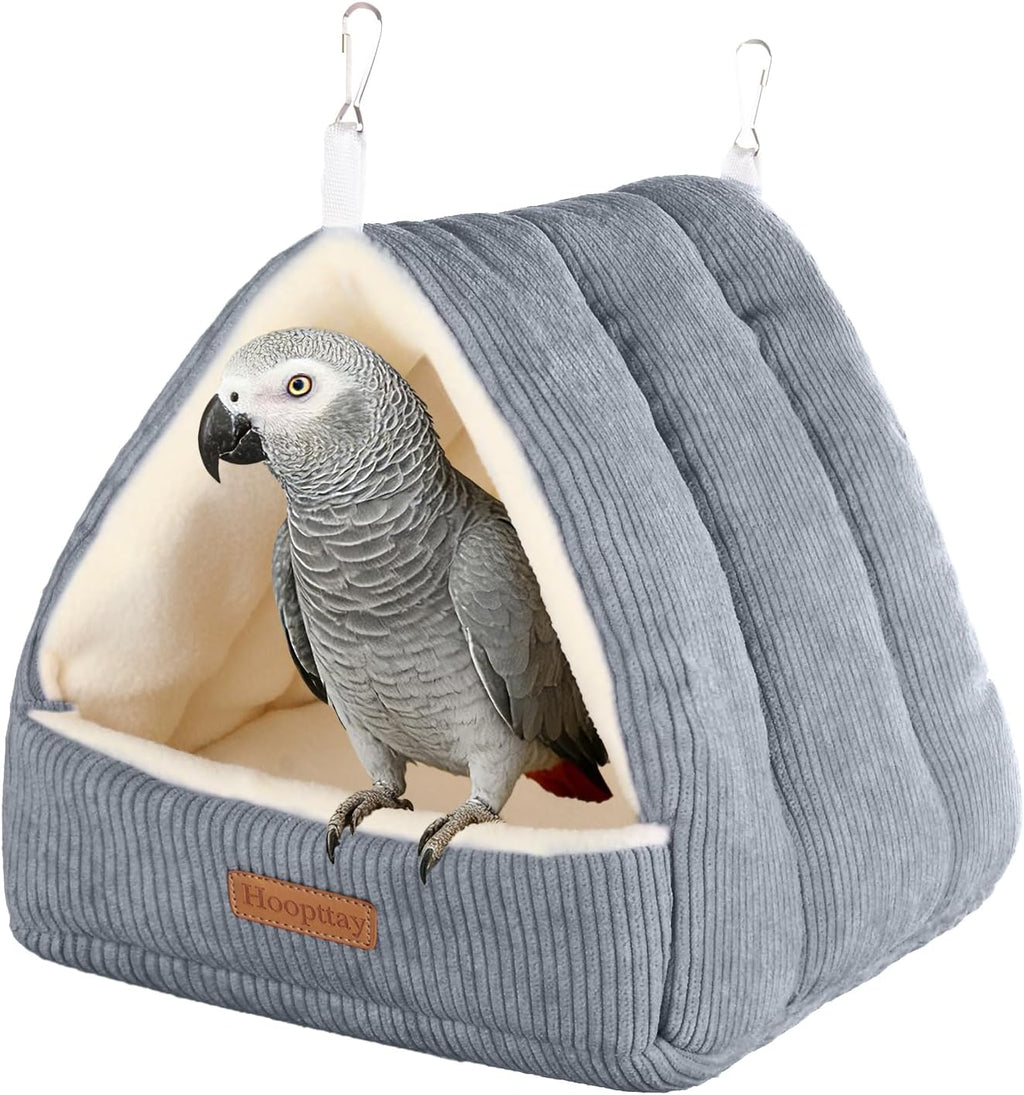 Large Winter Warm Bird House and Bird Bed for Cage with Soft Plush Hanging Hammock & Hut Tent, Hideaway Sleeping Nest for Macaws African Grey Amazon Parrots (Grey, L)