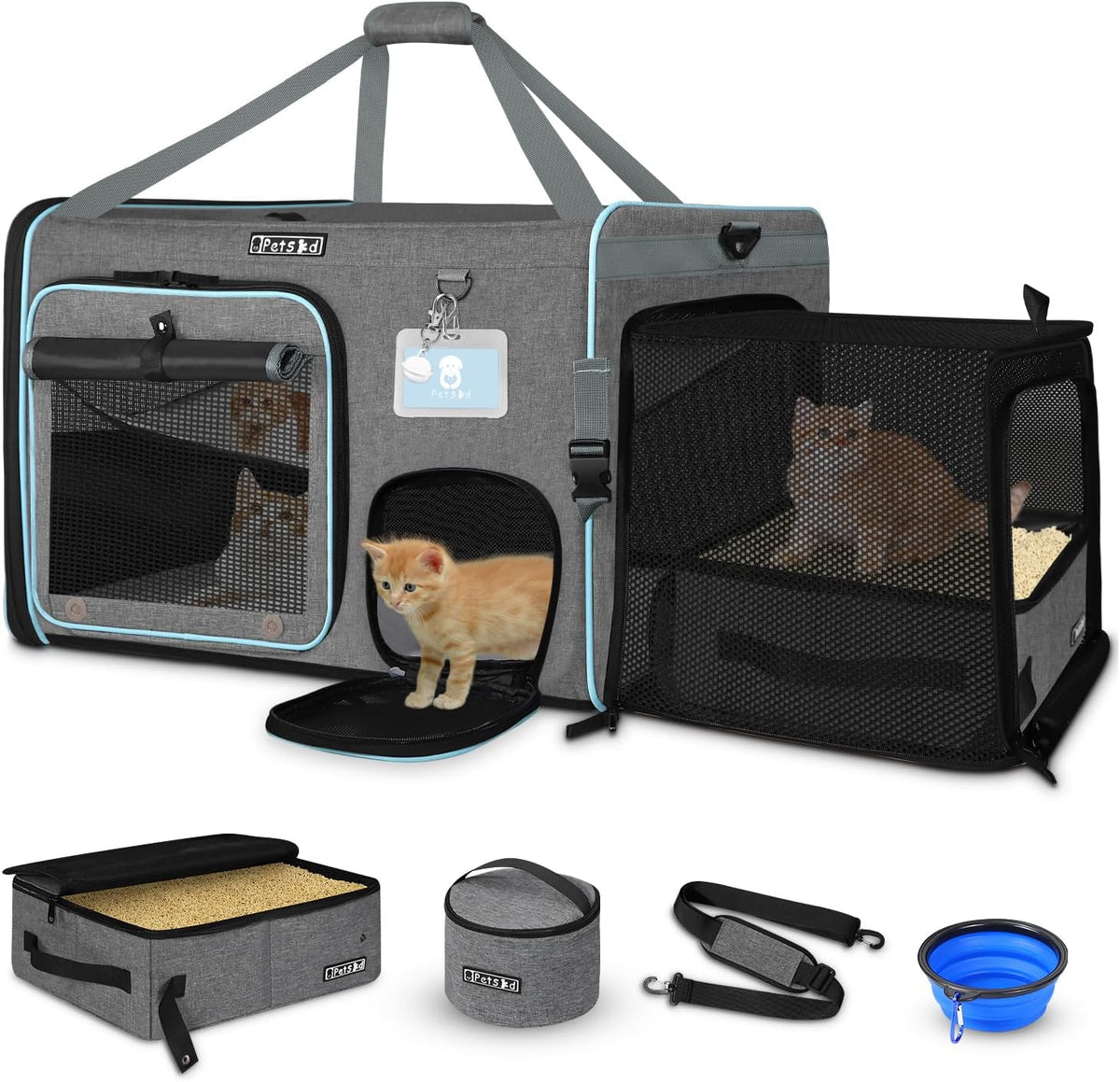 Petskd Side Expandable Extra Large Cat Carrier with Litter Box, Grey