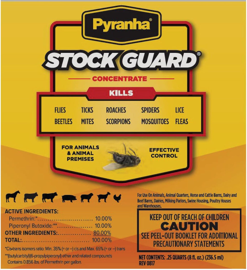 PYRANHA Stock Guard Concentrate - Livestock, Barn, Milk Rooms, Dairies, Poultry & Swine Houses Indoor Fly Control | Repels Flies, Lice, Ticks, Beetles, Mites, Gnats, 8 Oz