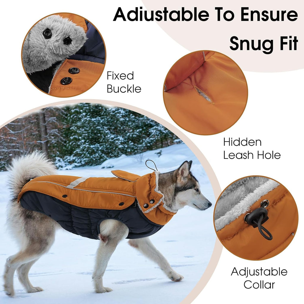 Queenmore Warm Fleece Dog Jacket, Cold Weather Waterproof Dog Snow Jacket with Leash Hole, Reflective Turtleneck Dog Snow Jacket Snowsuit,Dog Warm Coat for Small Medium& Large Dogs(Brown,M)