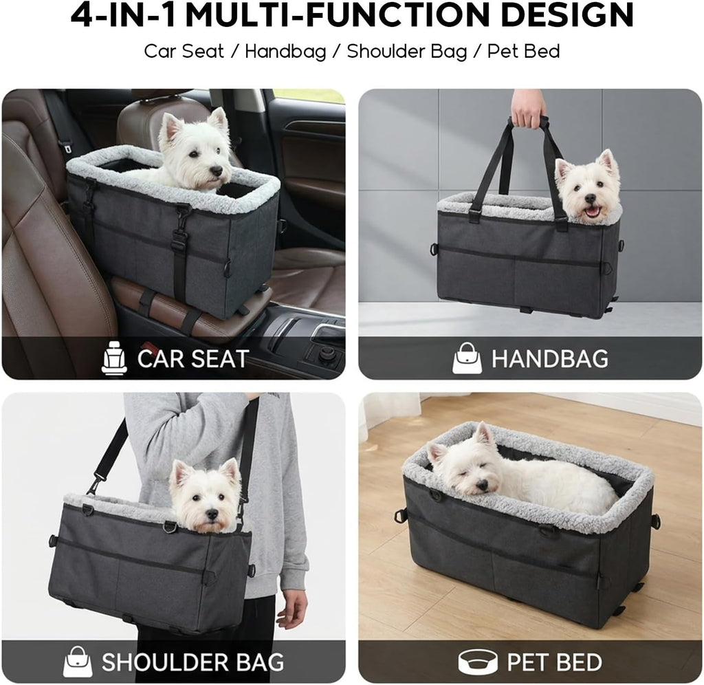 Small Dog Center Console Car Seat, Portable Carrier Bed with Safety Tether