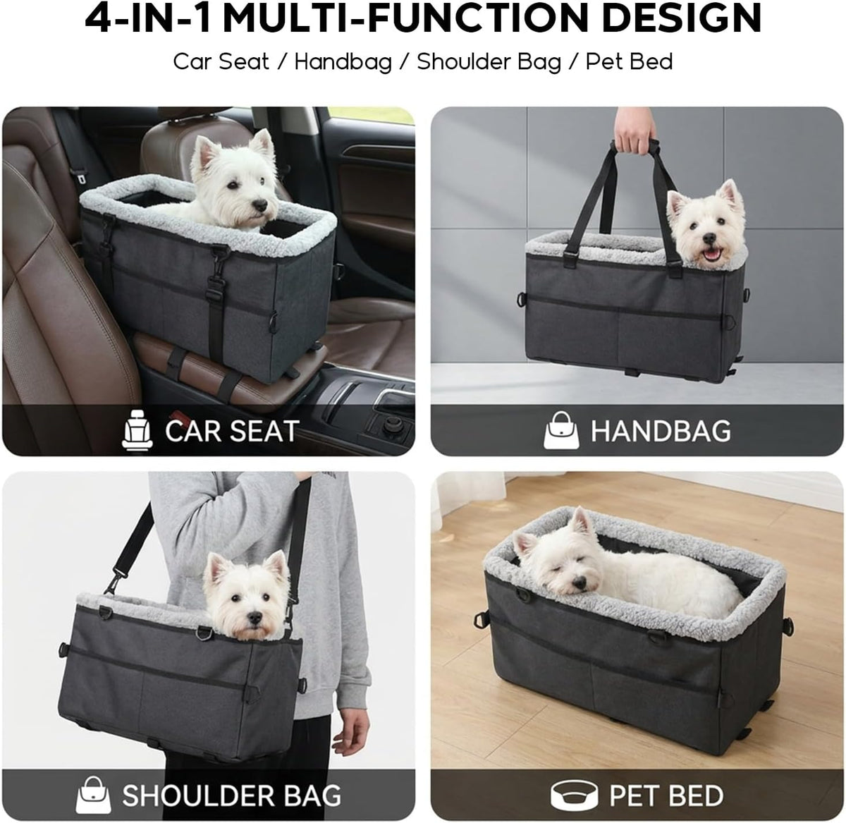 Small Dog Center Console Car Seat, Portable Carrier Bed with Safety Tether
