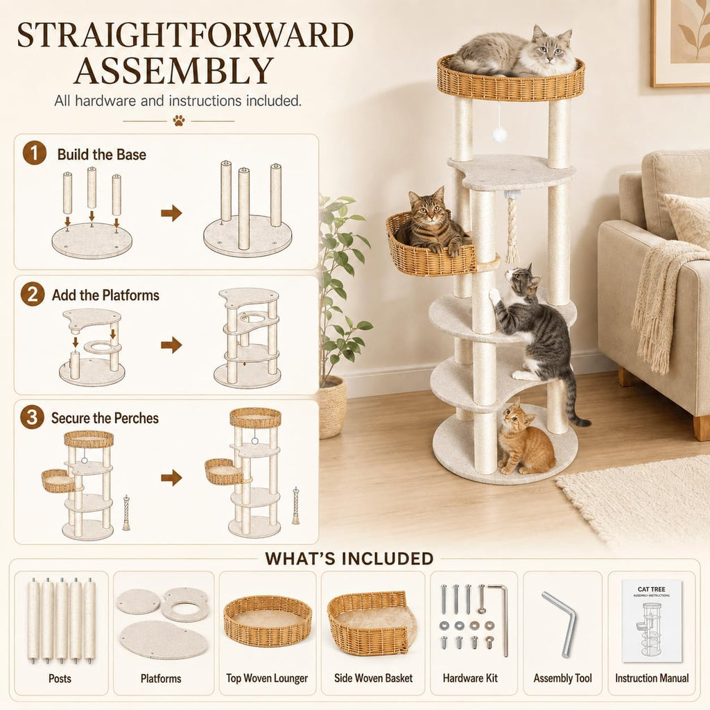 Multi-Level Cat Tree for Large Indoor Cats, 57in Tall Cat Tower