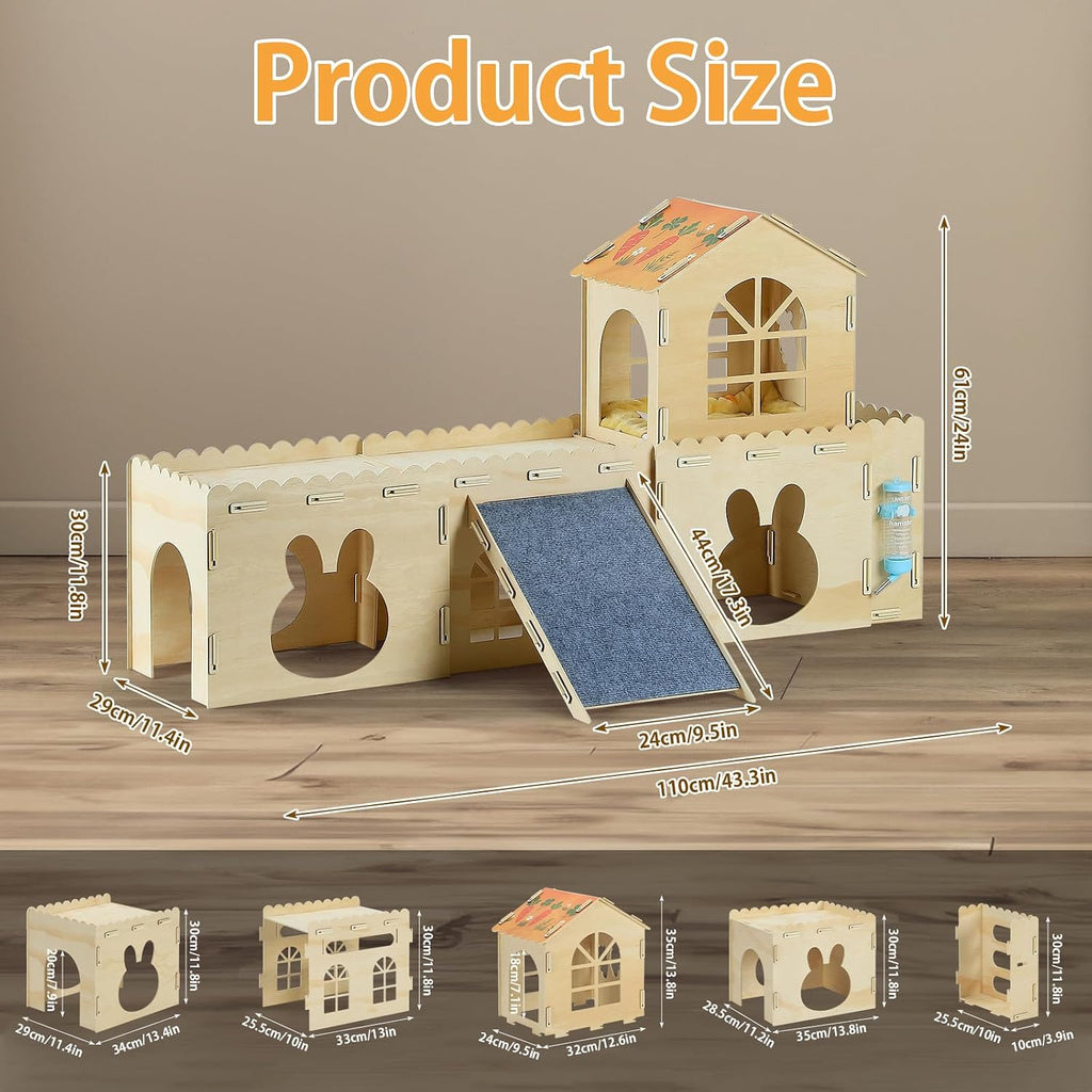 Rabbit Castle Wooden Bunny House,2-Level Small Animal Habitat with 4 Houses,Ramp,Mat,Hay Feeder,Indoor Hideout for Rabbits,Guinea Pigs & Chinchillas (43.3"x11.4"x24")