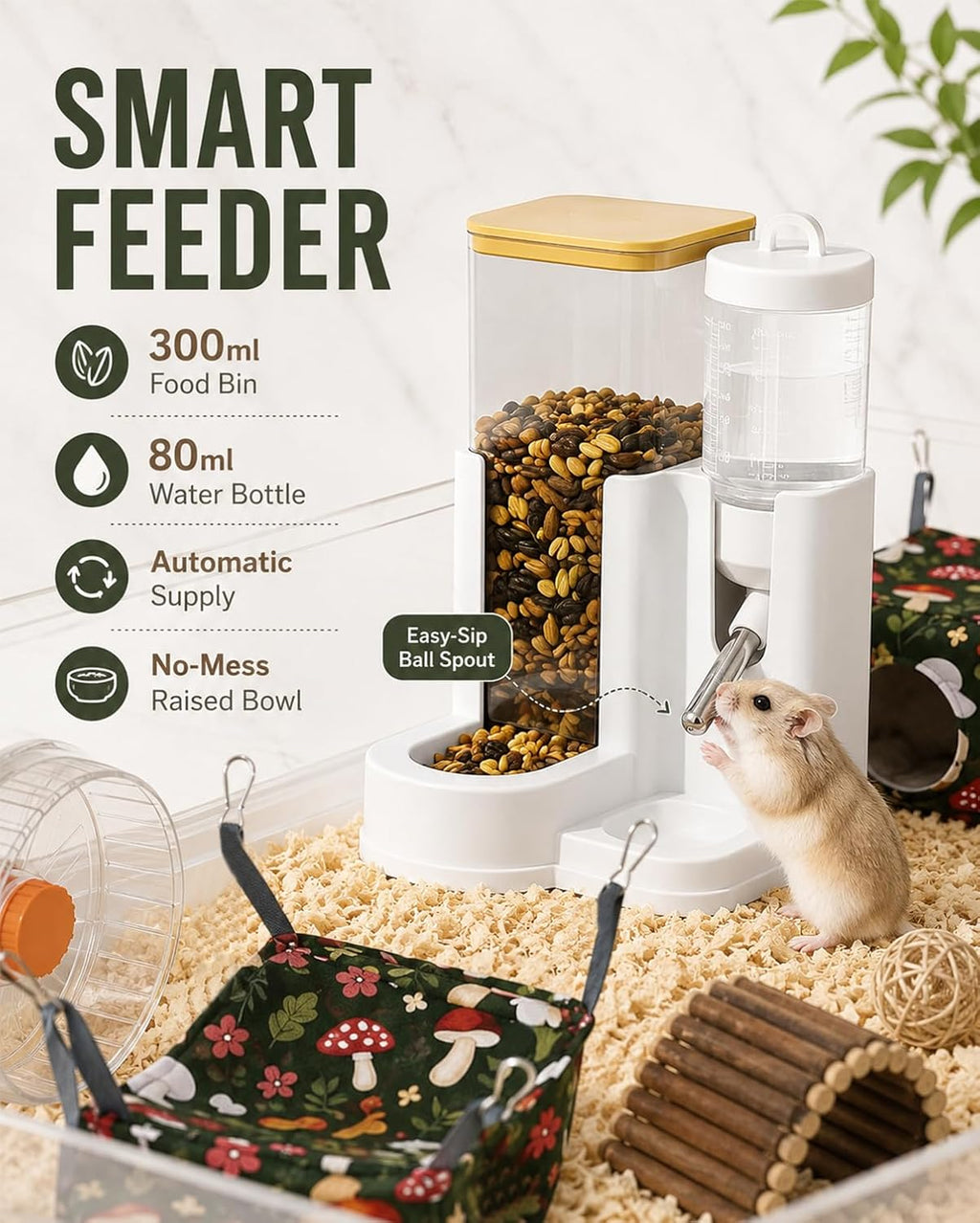 6-Piece Guinea Pig Hammock Set，with 4 Hammocks，Wheel & Feeder