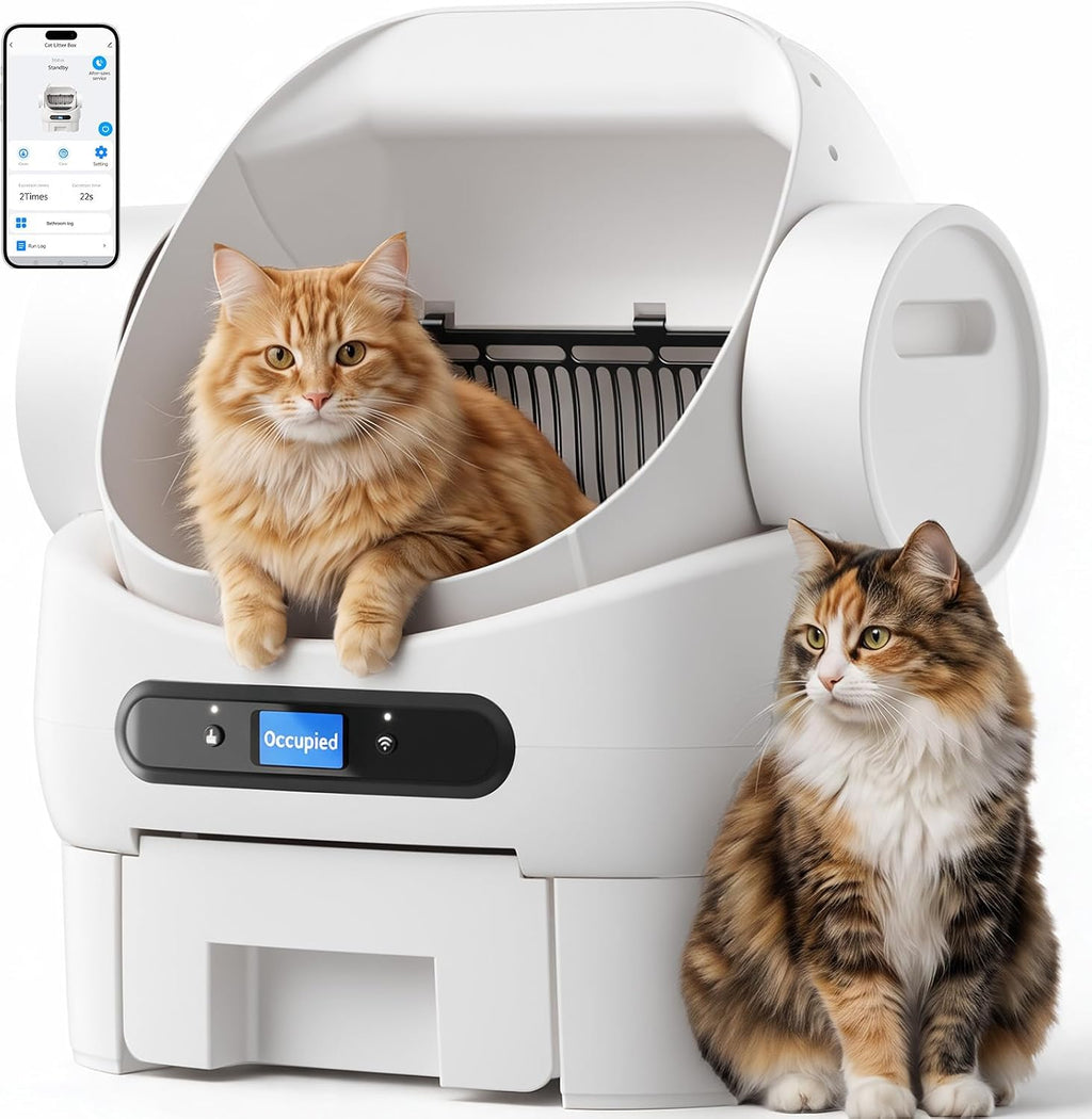 Open-Top Automatic Cat Litter Box, Self Cleaning Litter Box for Multiple Cats, 10 Safety Sensors, Large Capacity with APP Control, Noise&Odor Control Robot, LED Display, Hands-Free, White