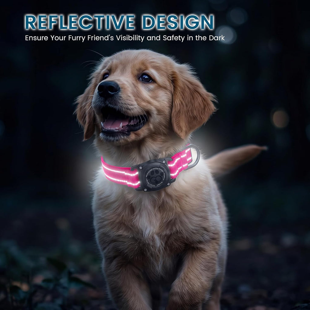 AUBELL Reflective Dog Collar with AirTag Holder,IP68 Waterproof,Pink M